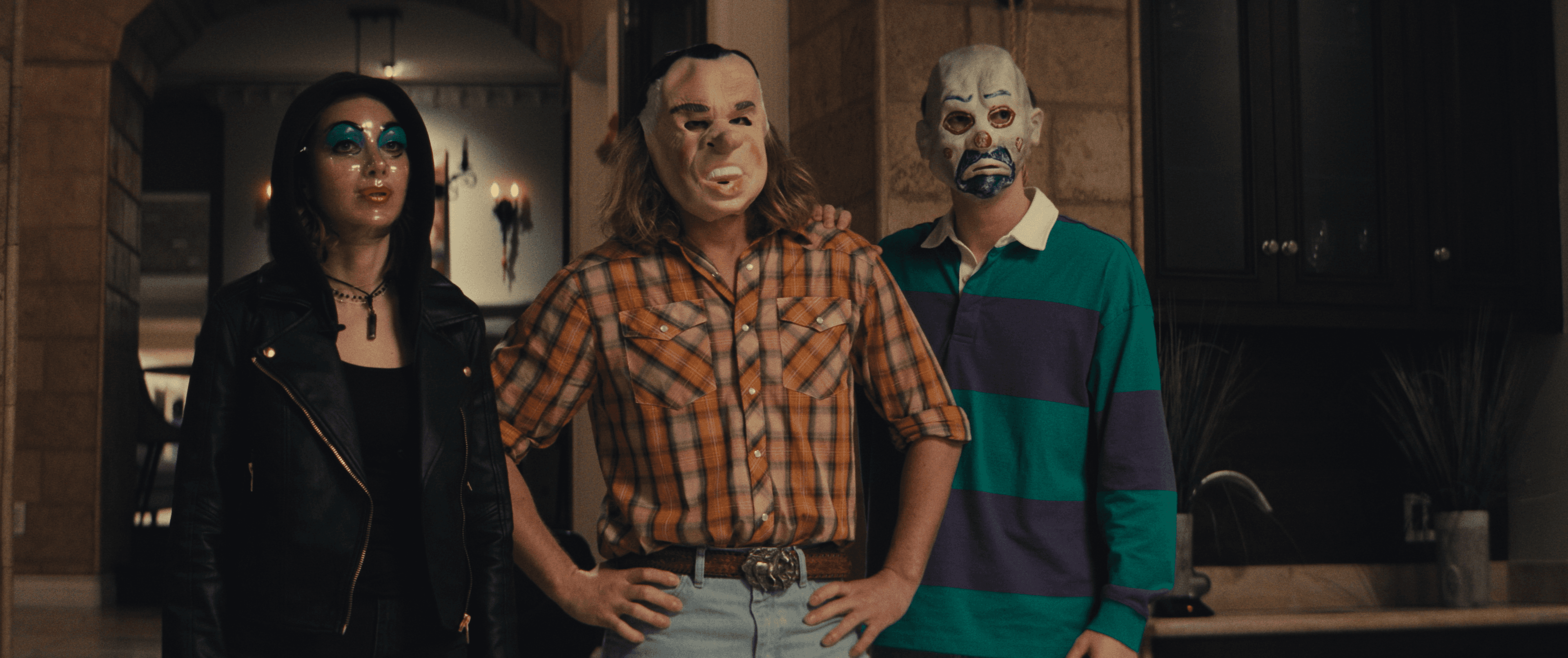 Wide cinematic still from Above the Line showing three masked characters.